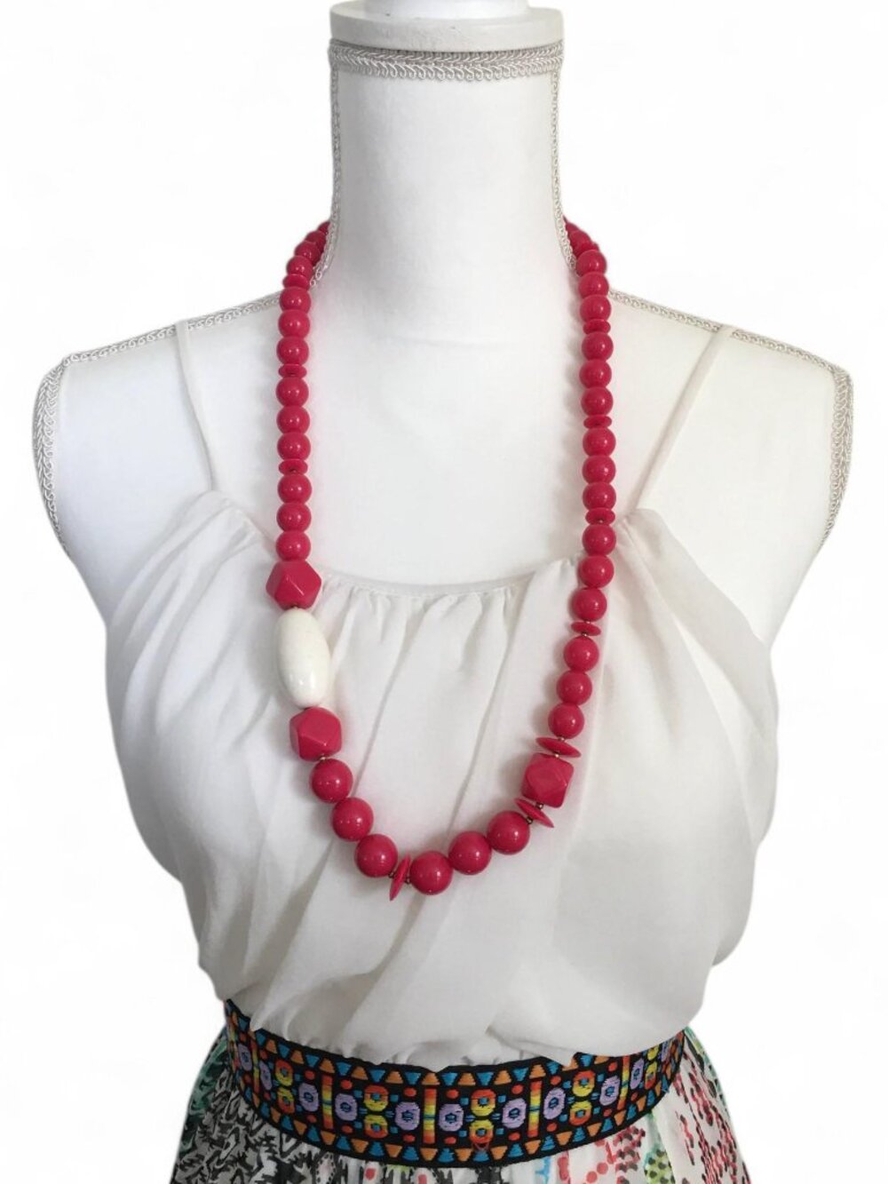 Large 1960s Pink Beaded Necklace: Chunky Asymmetrical Mod Statement